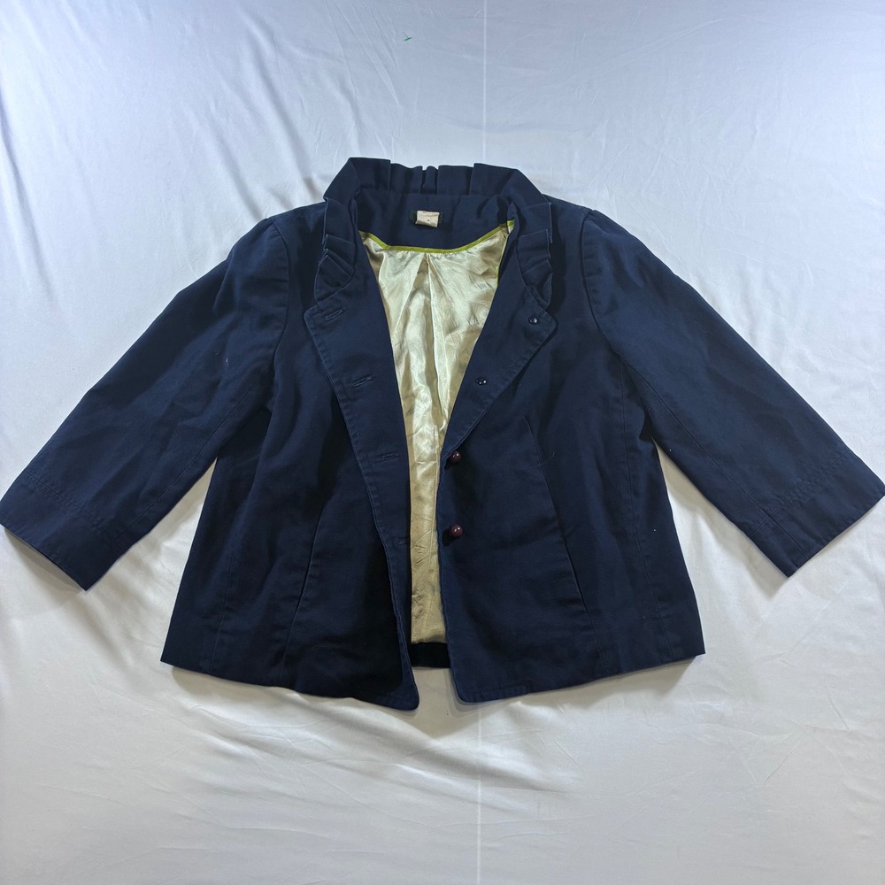 J.Crew Navy Blue Ruffle Collar Cotton Canvas Blazer Jacket Pleated Back Size 6